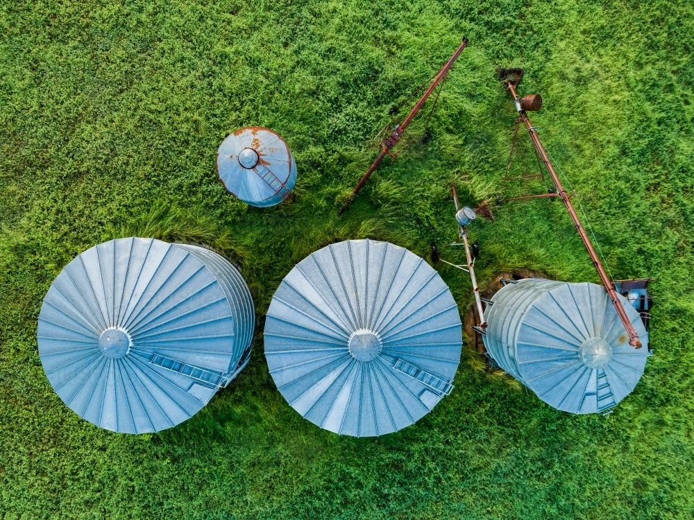 Top down of three grain silos on family farm - Australian Stock Image