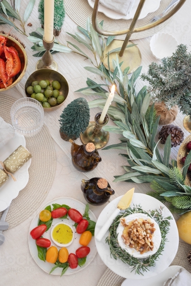 Top-down shot of table prepared for Christmas meal - Australian Stock Image