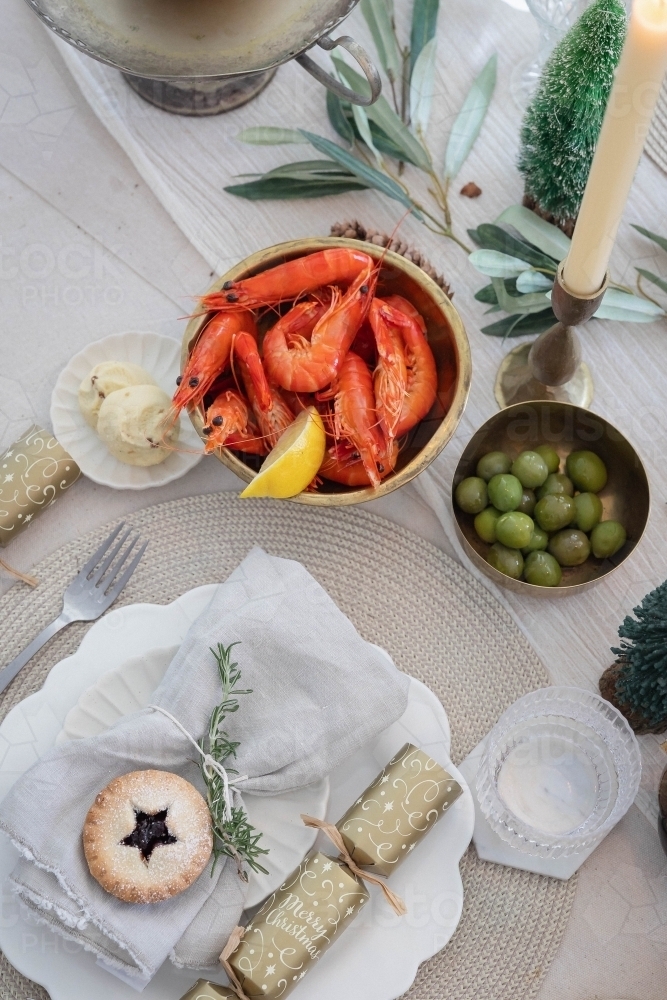 Top-down shot of table prepared for Christmas meal - Australian Stock Image