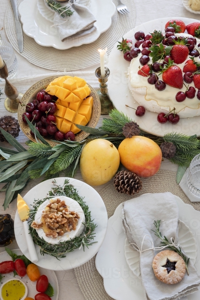 Top-down shot of table prepared for Christmas meal - Australian Stock Image