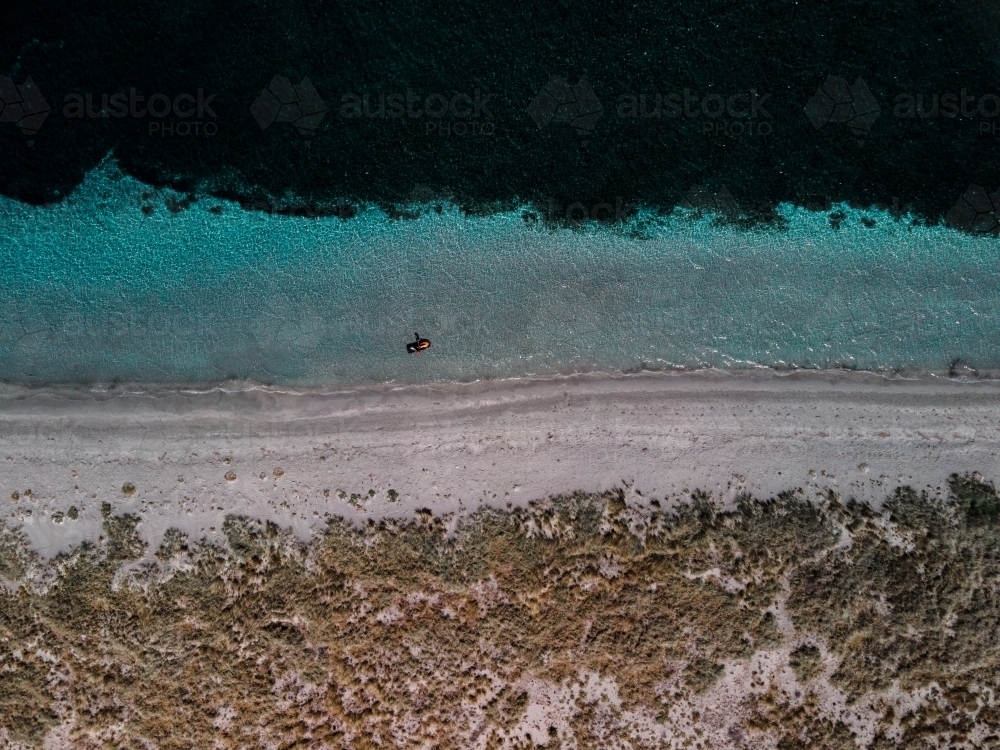 top shot of a beach with a person paddling, seaweeds, rocks, waves and bushes - Australian Stock Image