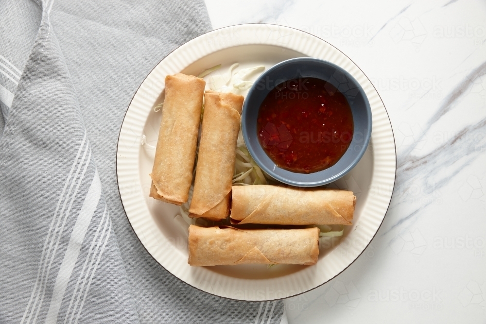 Image Of Top Shot Of Spring Rolls With Ketchup Austockphoto 
