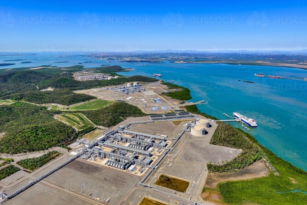 Top view of liquified natural gas plants on Curtis Island, Queensland - Australian Stock Image