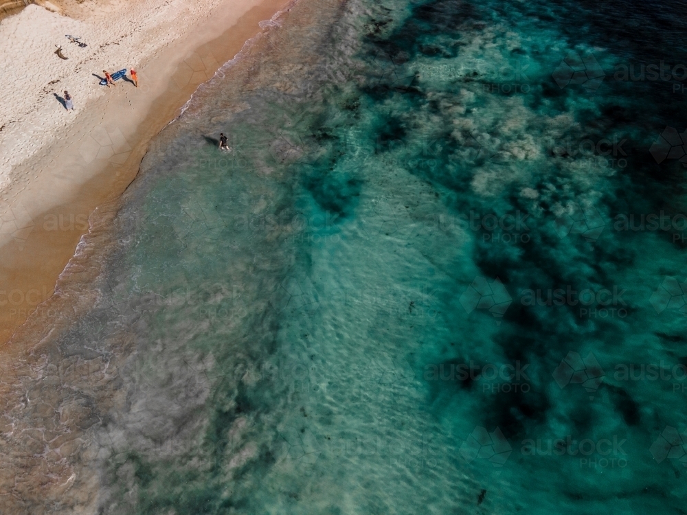 top view shot of people on the white sand beach with seaweeds on a sunny day - Australian Stock Image