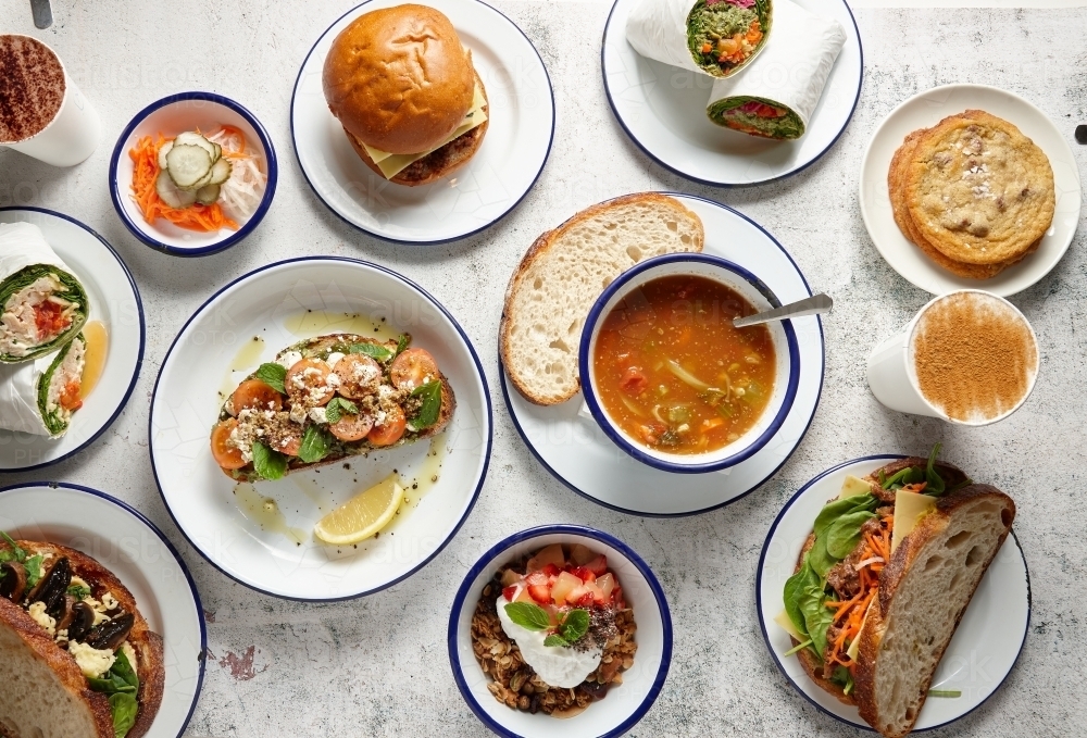 Top view shot of plated and bowl of breakfast menus - Australian Stock Image