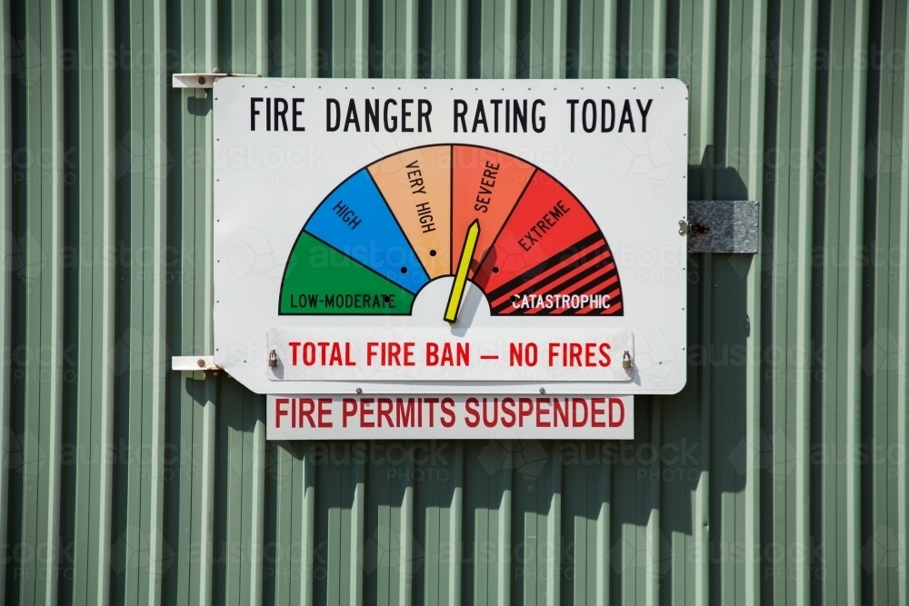 Total fire ban no fires and fire permits suspended sign on fire danger rating sign - Australian Stock Image