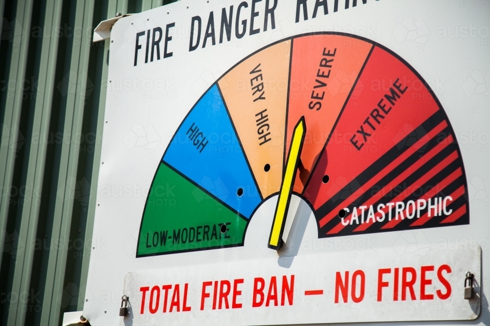 Total fire ban no fires and fire permits suspended sign on fire danger rating sign - Australian Stock Image
