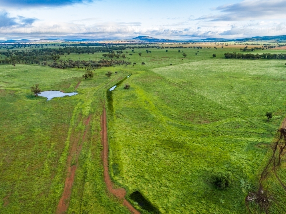 Track to dam and green paddocks of rotational grazing farm - Australian Stock Image