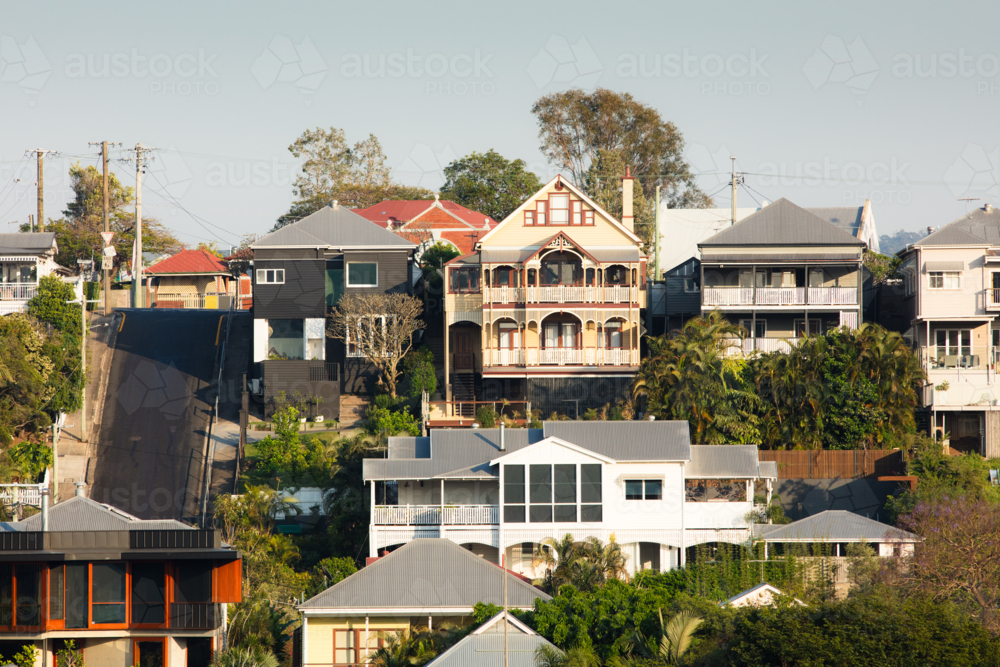 Traditional, old and modern houses on a steep sided slope in Red Hill, Brisbane - Australian Stock Image