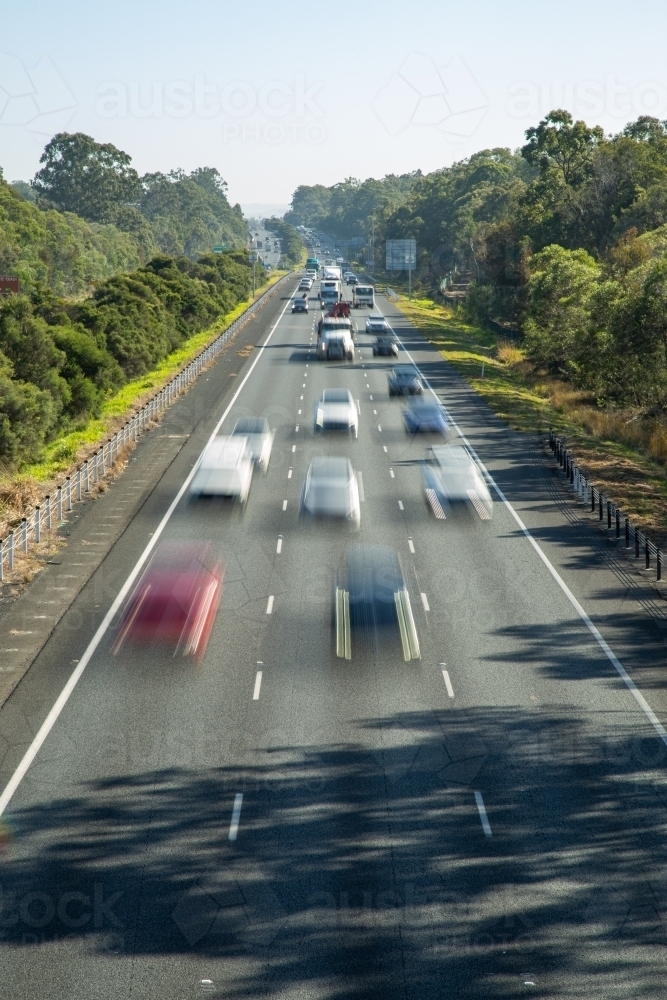 Traffic moving on M1 highway, north of Brisbane - Australian Stock Image