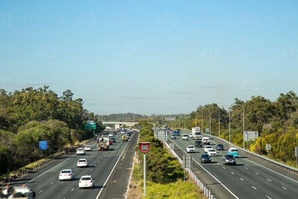 Traffic moving on M1 highway, north of Brisbane - Australian Stock Image