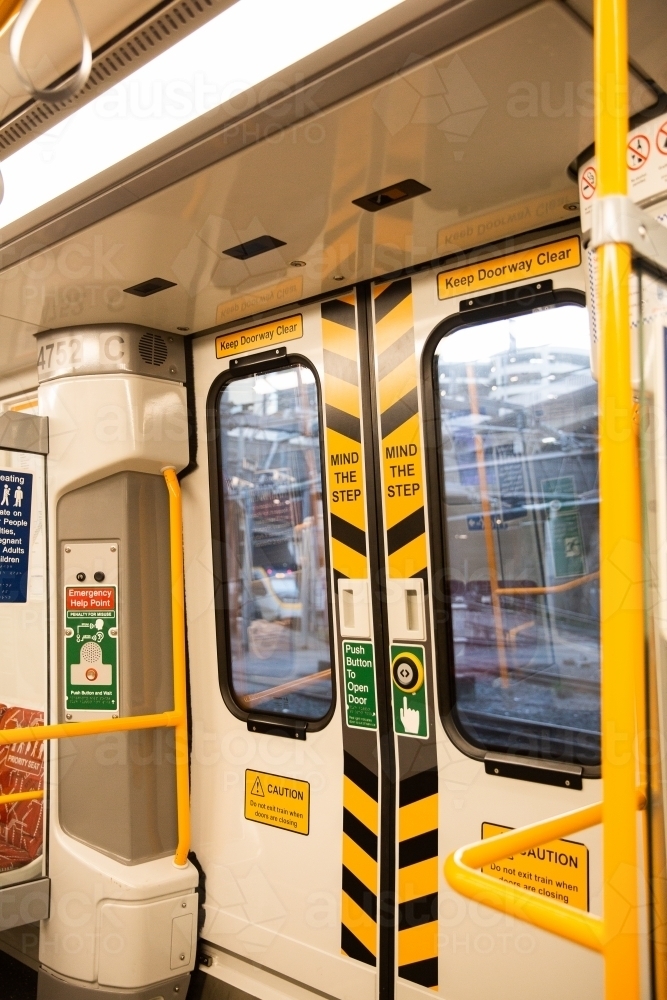 train doors from inside a train carriage in Brisbane - Australian Stock Image