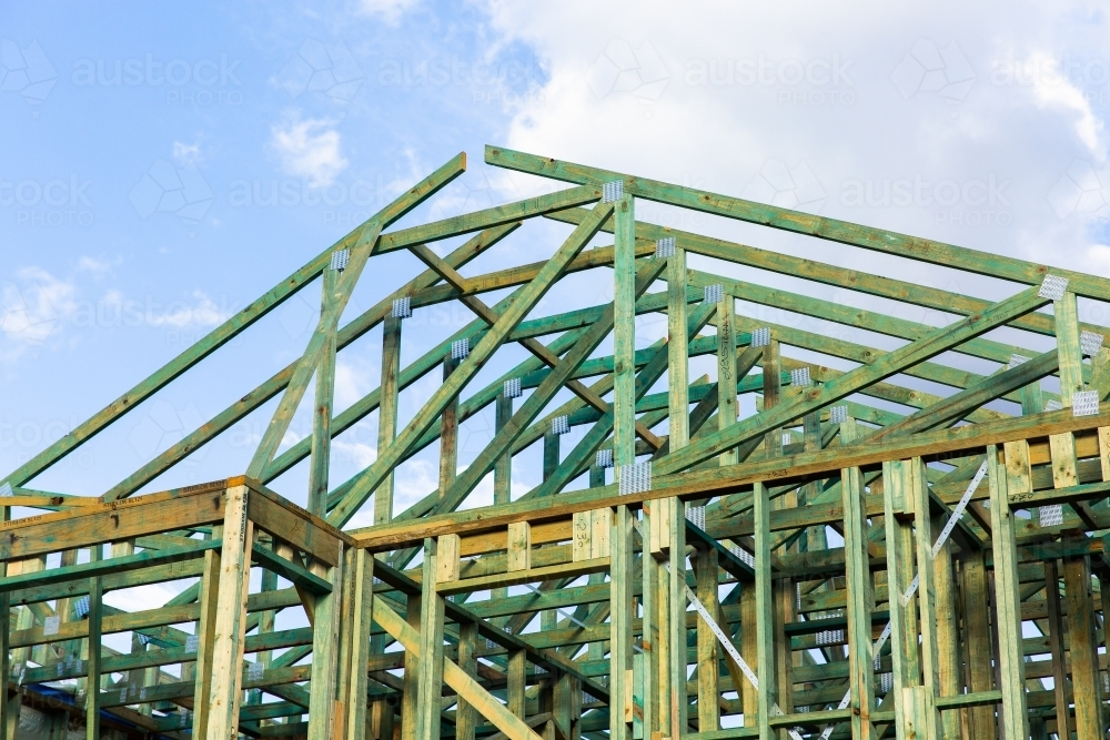 treated timber house frame and roofing framework of a new house - Australian Stock Image