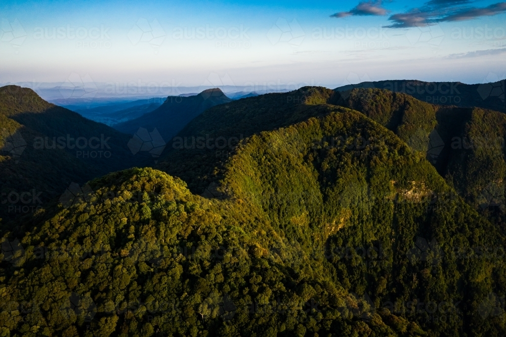 Tree-covered mountain landscape in late afternoon - Australian Stock Image