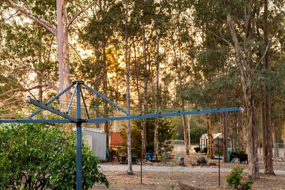 Trees in rural backyard lit in orange light by smoke haze from bushfires - Australian Stock Image