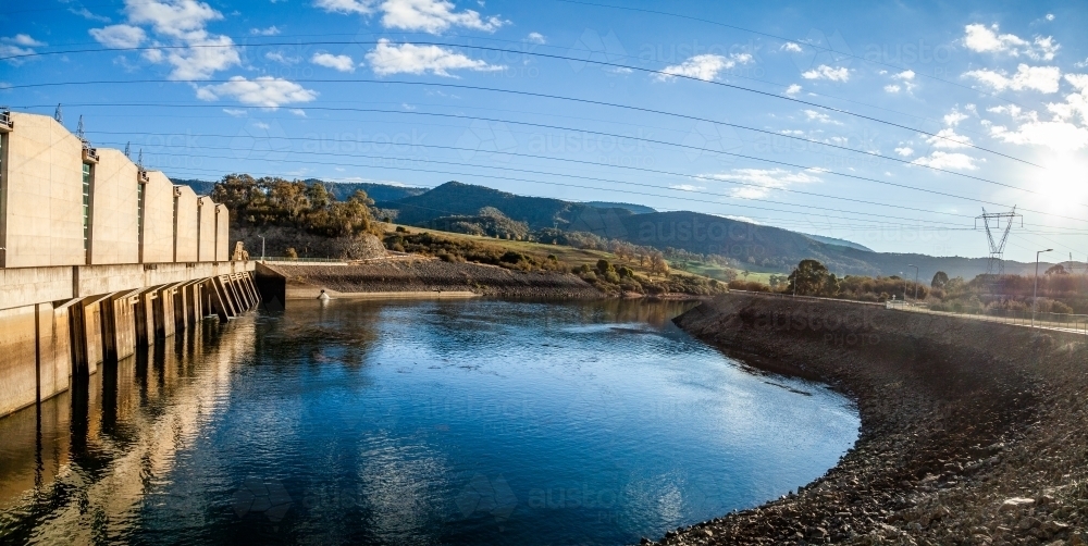 Tumut 3 Power Station with powerlines, part of the snowy mountains hydroelectric scheme - Australian Stock Image