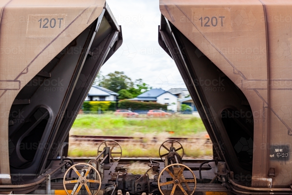 Two carriages of a coal train passing in the hunter Valley region - Australian Stock Image