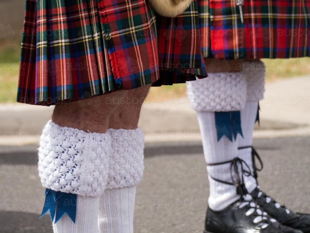 Two male Scottish Band players wearing kilts - Australian Stock Image