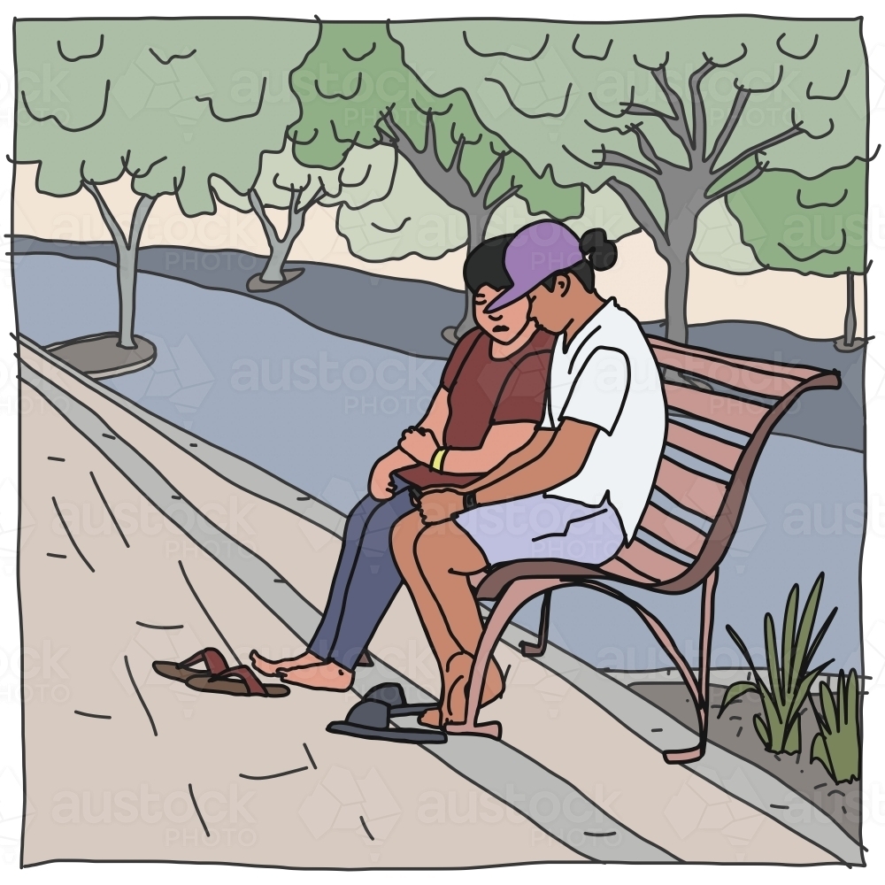 Image of Two people of asian decent sitting on street bench with thongs ...