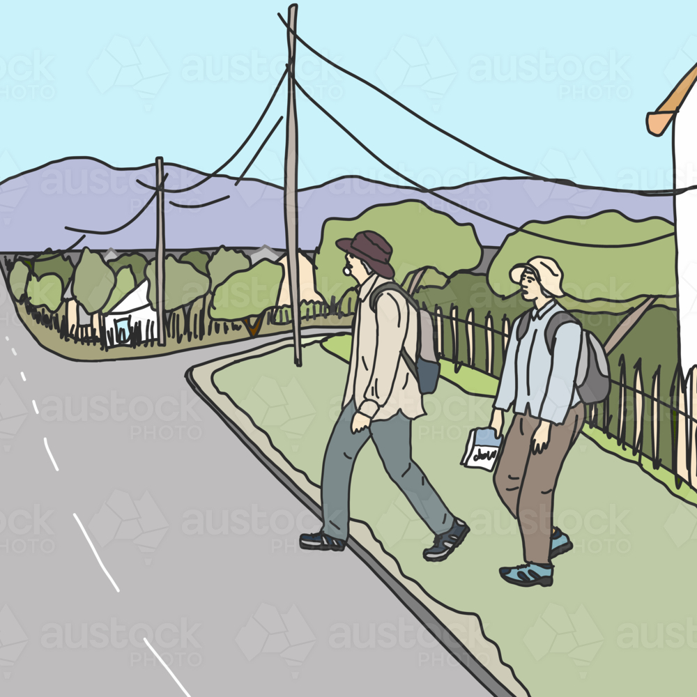 Two tourists in hiking clothes crossing road in country town - Australian Stock Image