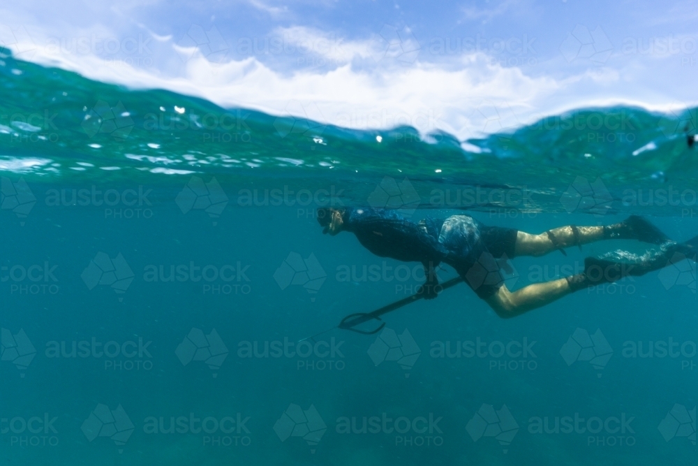 Underwater split shot of man with speargun swimming in turquoise ocean with blue skies above - Australian Stock Image