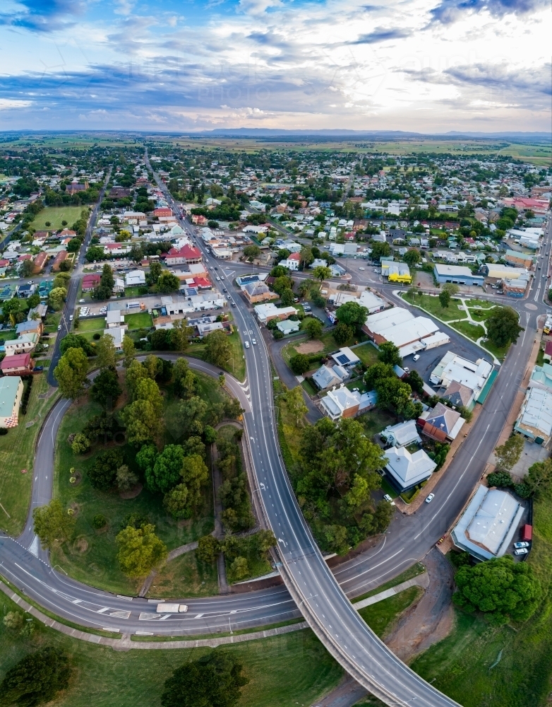 Vertical panorama of bridge and underpass with New England Highway leading through town of Singleton - Australian Stock Image