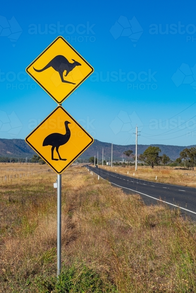 Vertical photo of a yellow kangaroo and emu signage on the roadside and an empty highway - Australian Stock Image