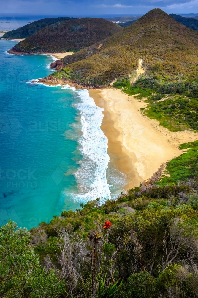Vertical view of mountains and beach - Australian Stock Image