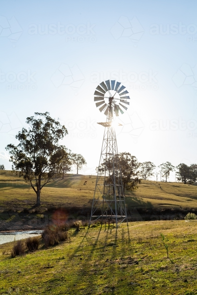 Vertical windmill in paddock on country farm - Australian Stock Image