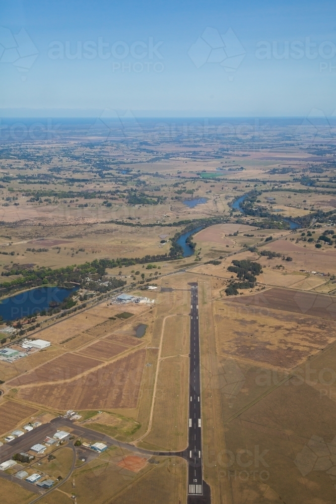 View from plane coming in to land at Lismore airport landing strip runway - Australian Stock Image