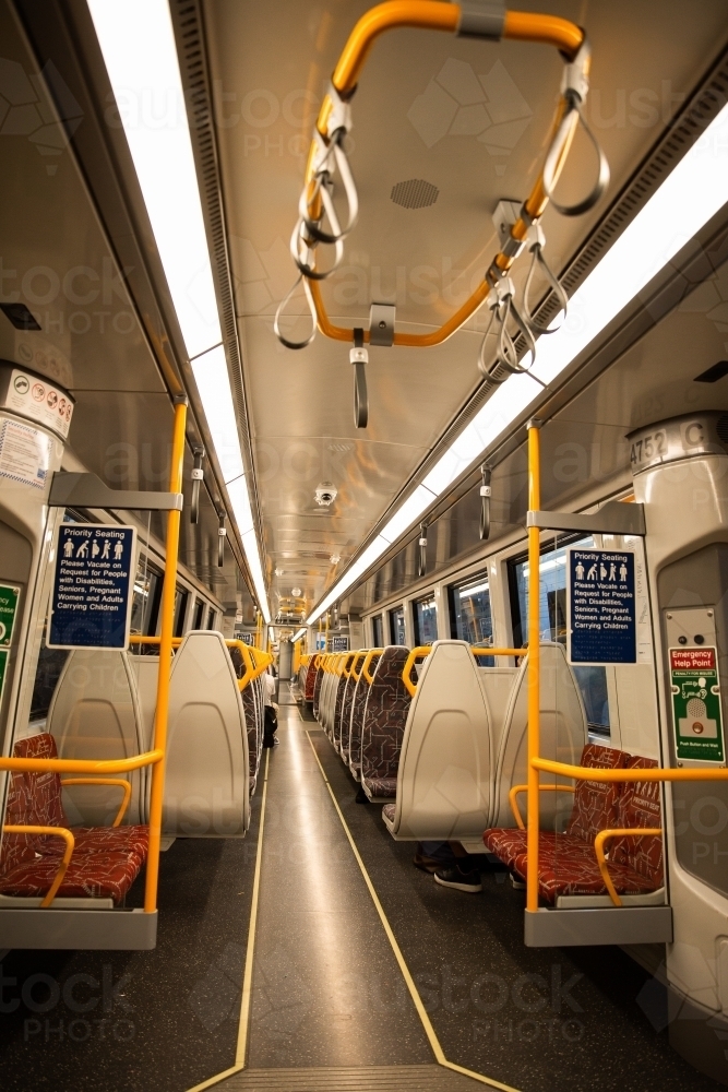 view inside an empty Brisbane train carriage - Australian Stock Image