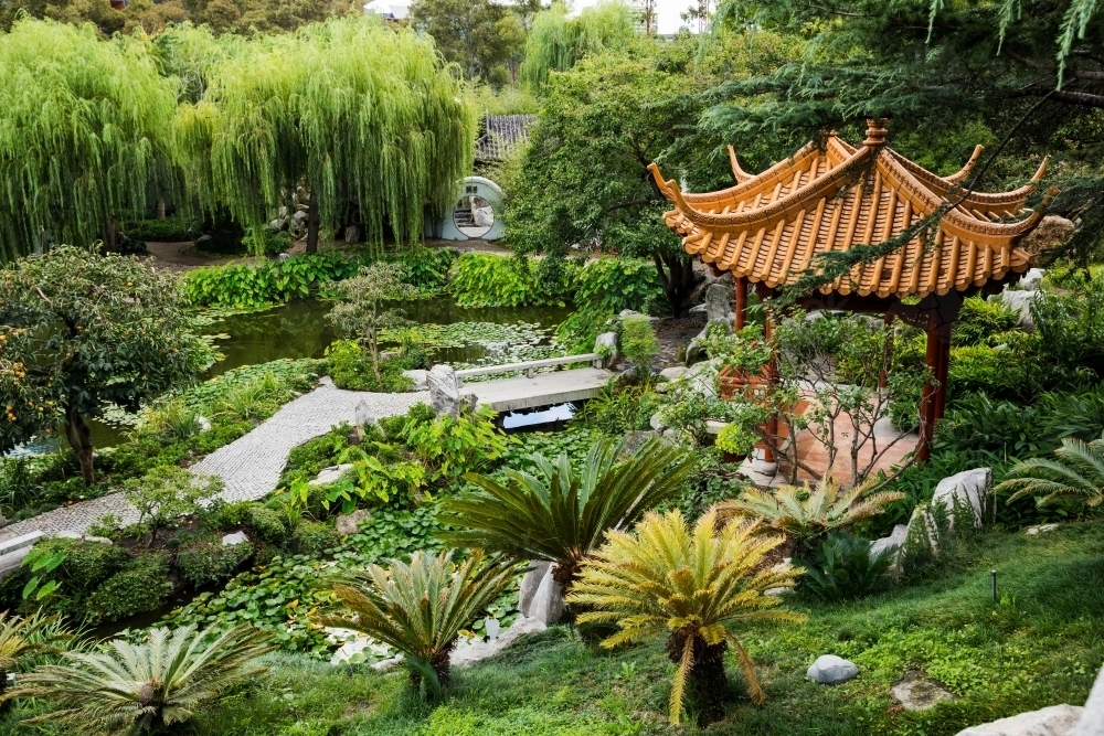 view looking down over gardens and lake - Australian Stock Image