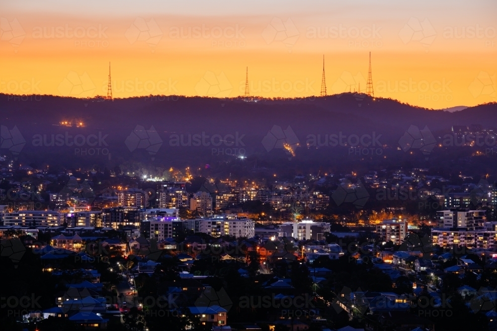 View looking west towards Mt Coot-tha and the television towers over the western suburbs of Brisbane - Australian Stock Image