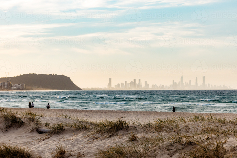 View of Gold Coast skyline across the water from Palm Beach - Australian Stock Image