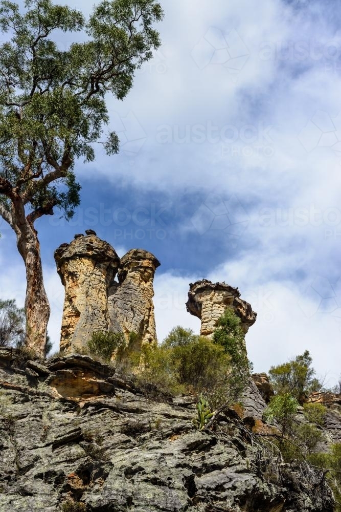 View of the Chimneys, three striking pillars of Precipice Sandstone at Mt Moffat National Park - Australian Stock Image