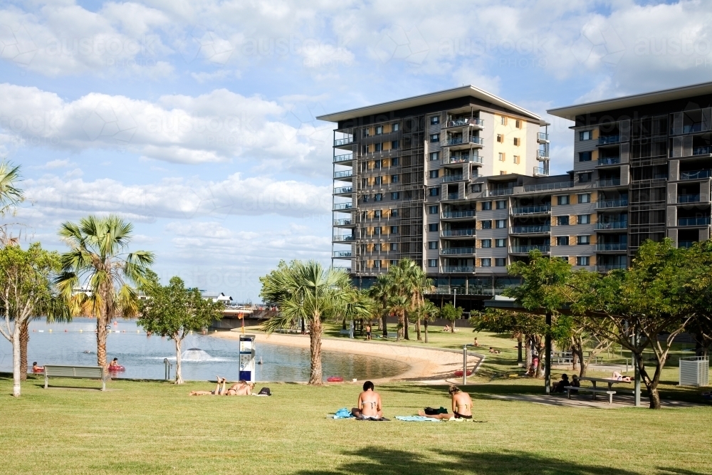 View of waterfront apartments and parkland surrounding Darwin lagoon - Australian Stock Image