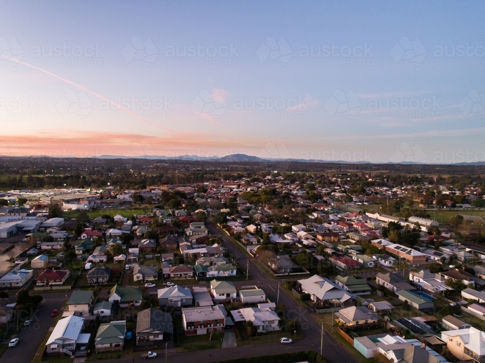 View over sleepy country town in NSW Australia at dusk - Australian Stock Image