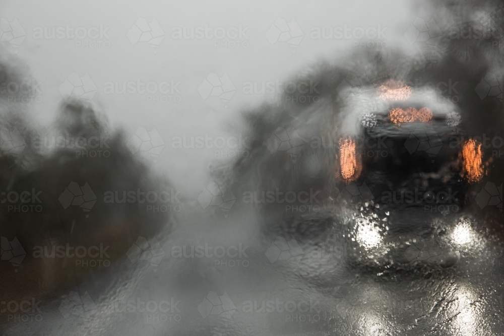 view through a rainy windscreen at an oncoming truck - Australian Stock Image