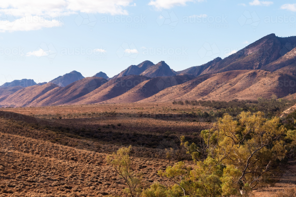 View towards mountain ranges in Flinders Ranges, South Australia - Australian Stock Image