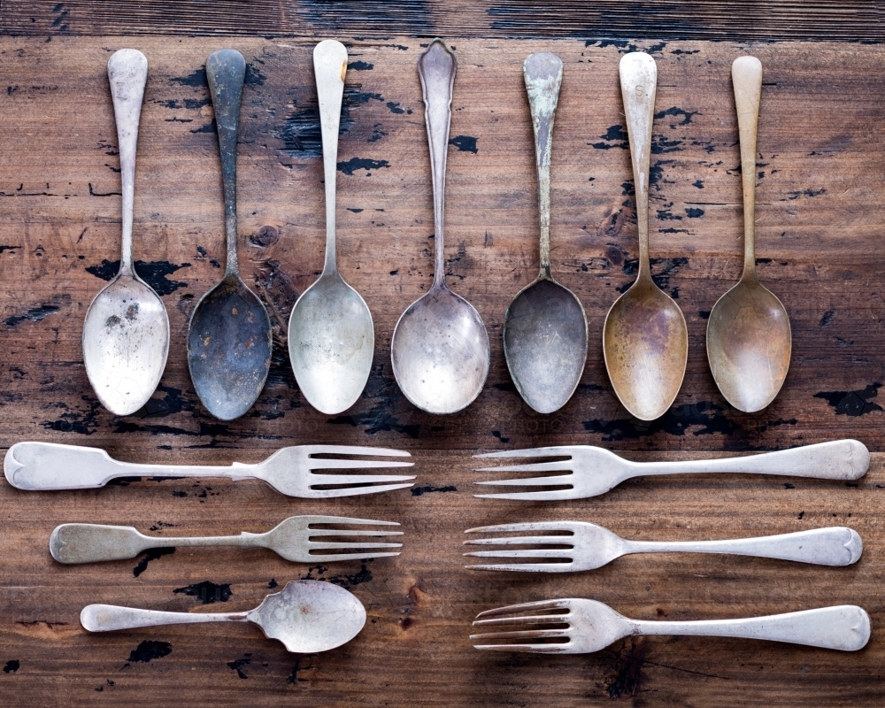 Vintage Cutlery Lay Out On Rustic Wooden Table - Australian Stock Image