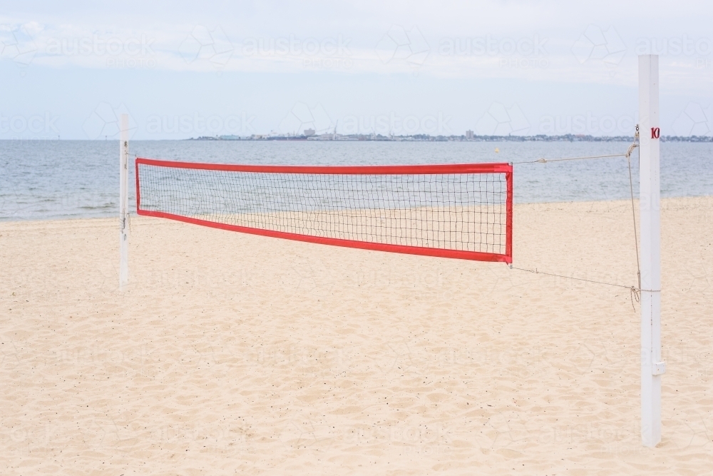 Volleyball net on the beach in Melbourne - Australian Stock Image