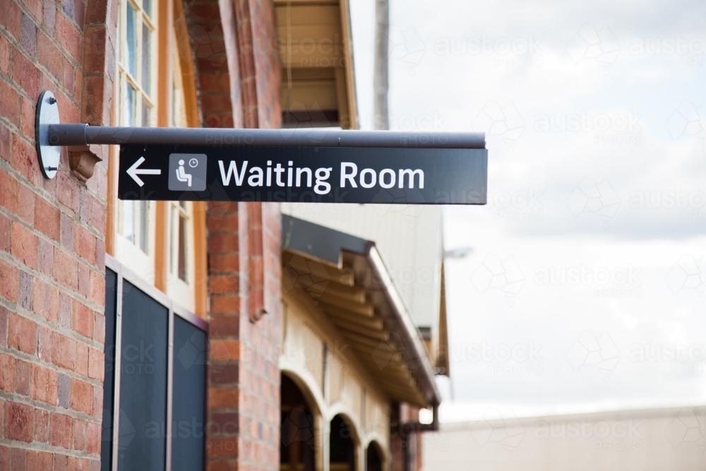 Waiting room sign at Gunnedah train station - Australian Stock Image