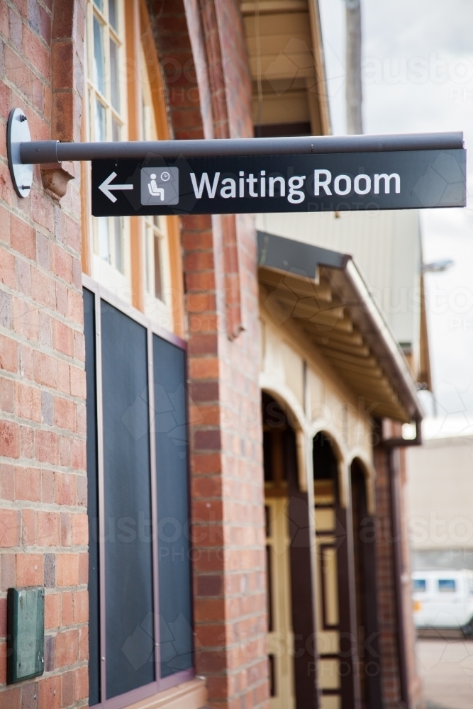 Waiting room sign at Gunnedah train station - Australian Stock Image