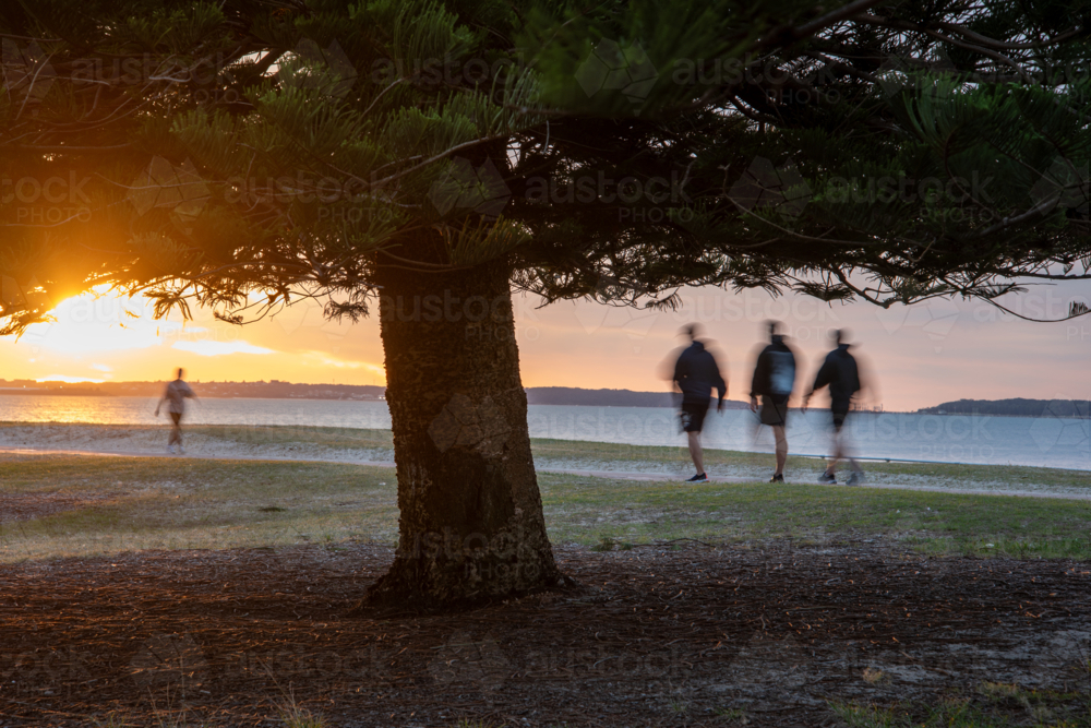 Walkers at sunrise by Botany Bay - Australian Stock Image