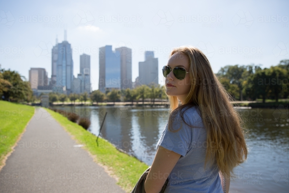 Walking by the River to Melbourne City - Australian Stock Image