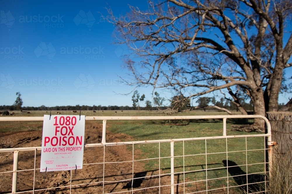 Warning sign for 1080 fox poison (bait) - Australian Stock Image