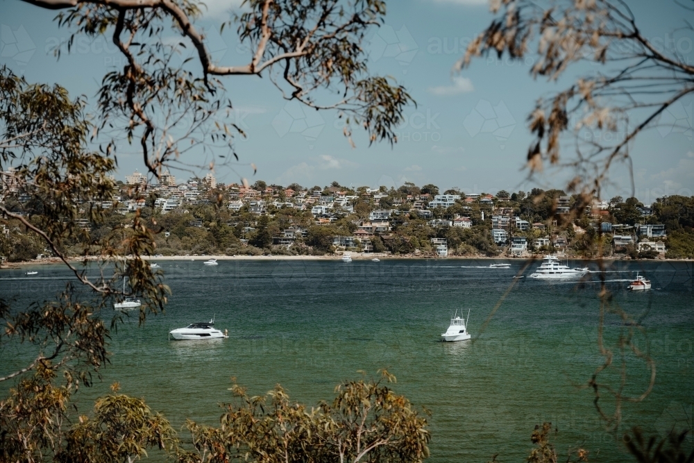 Waterfront properties and boats on the water near Castle Rock Beach as seen from Spit to Manly Walk - Australian Stock Image