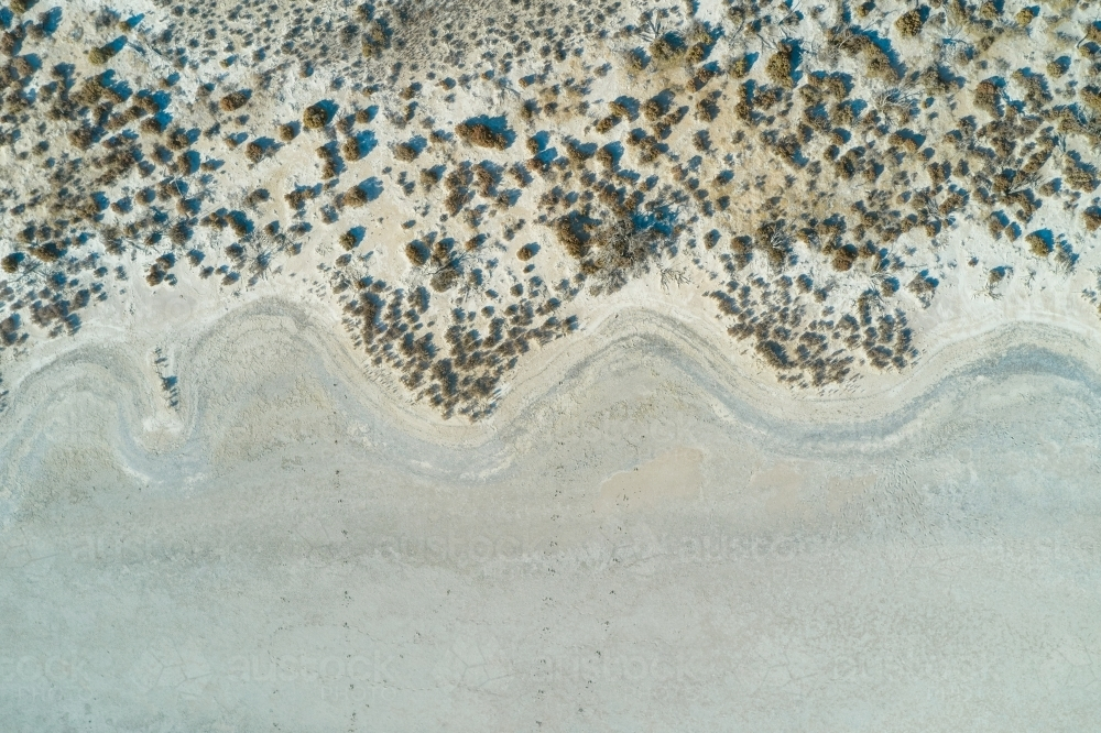 Wavy lines of the shore of a dry salt lake with small plants scattered on the shoreline - Australian Stock Image