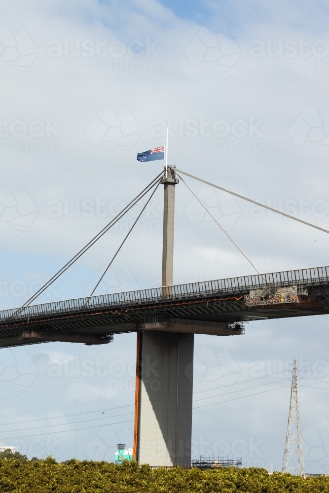 Westgate Bridge in Melbourne Australia with flag at half mast due to the death of Prince Philip - Australian Stock Image