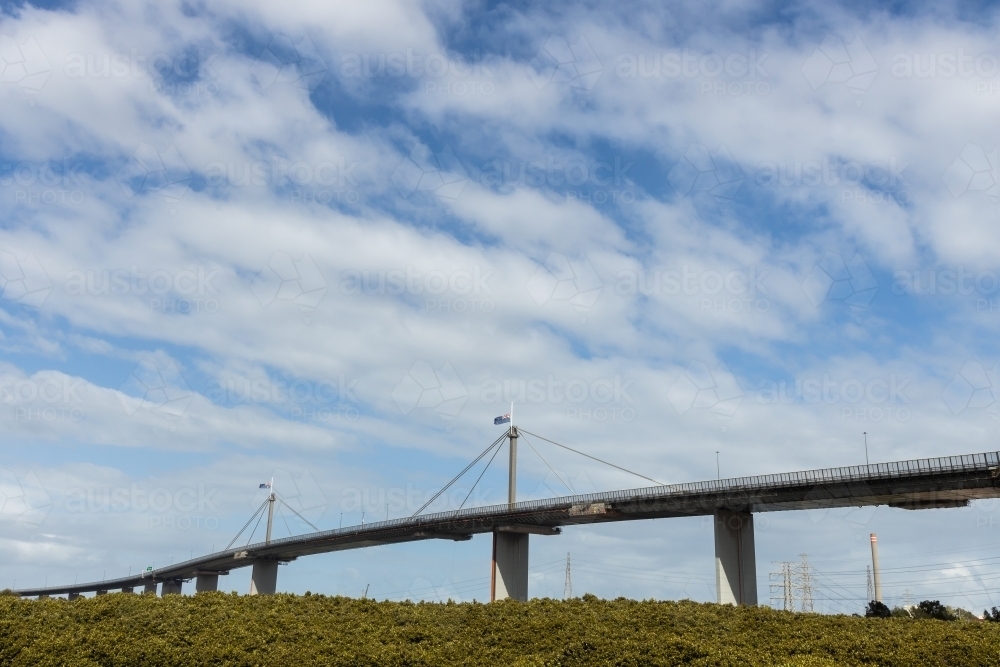 Westgate Bridge in Melbourne Australia with flag at half mast due to the death of Prince Philip - Australian Stock Image